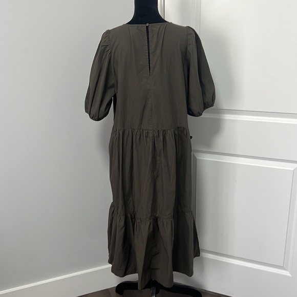H&M Dark Khaki Green Puff Sleeve Tier MIDI Dress size Medium - Picture 5 of 6